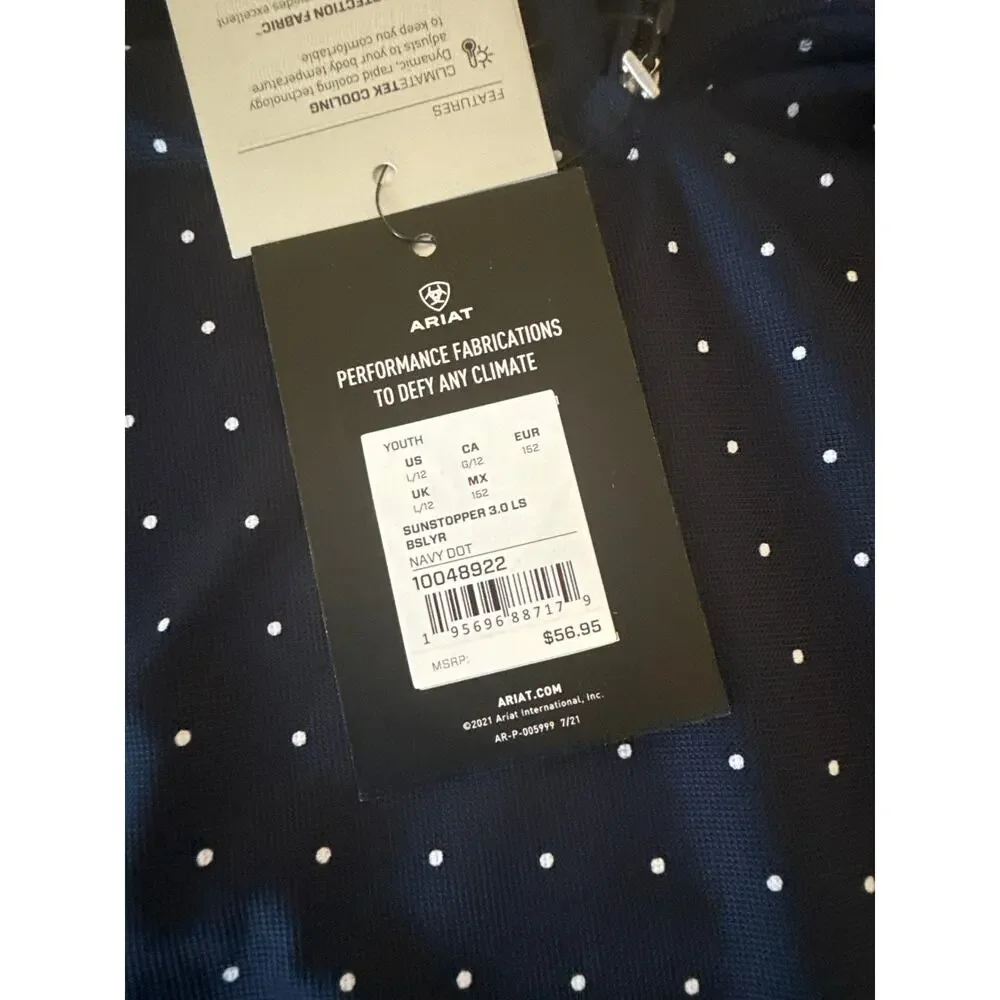 Ariat Ariatek Youth Sunstopper 3.0 Baselayer Equestrian Large 12 Navy Dot NWT